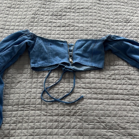 Missguided Blue denim lace tie front Bardot crop top - Picture 3 of 3